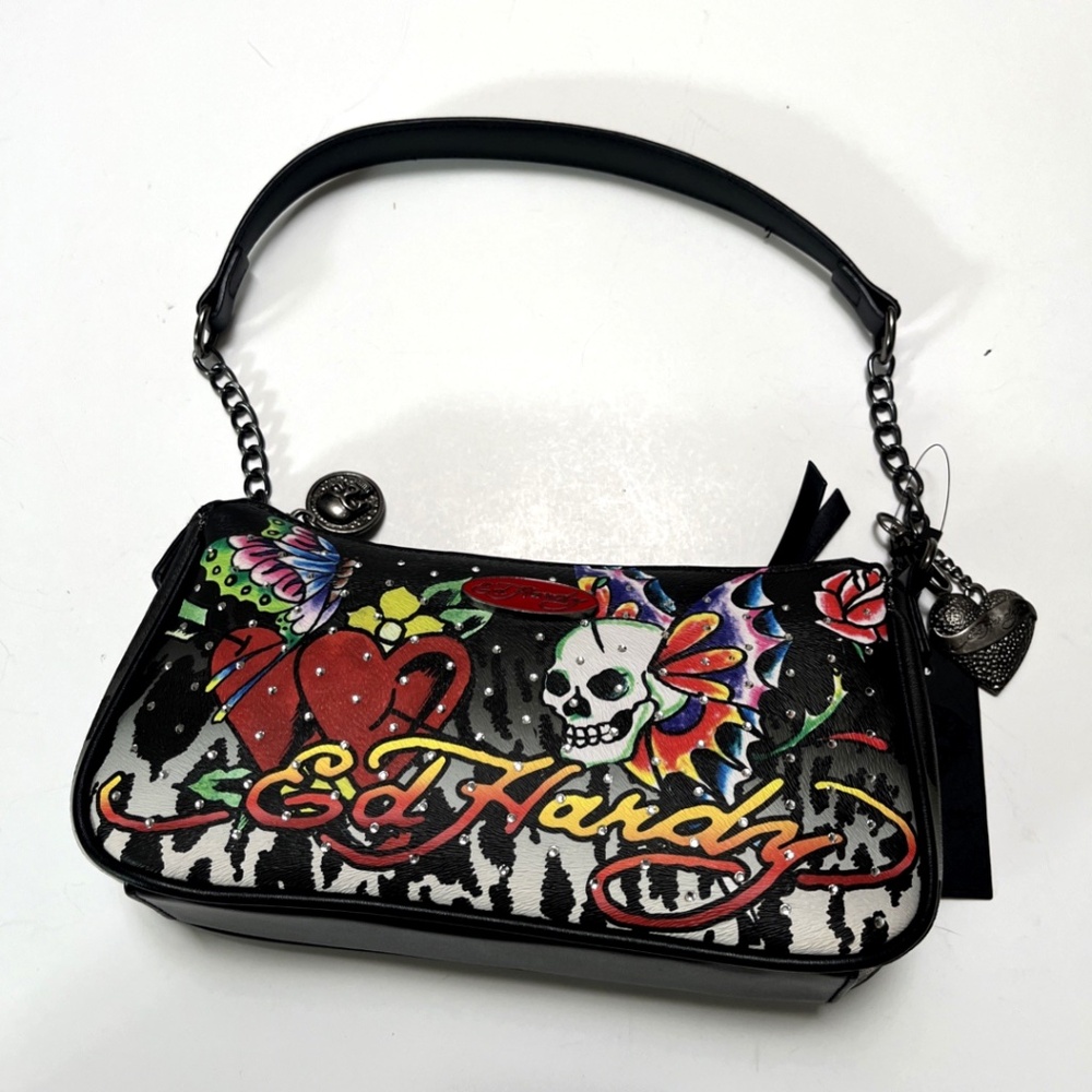 Ed Hardy Skull Heart Flame Shoulder Bag Y2K Tattoo Crossbody Studded Rhinestone - Picture 3 of 11